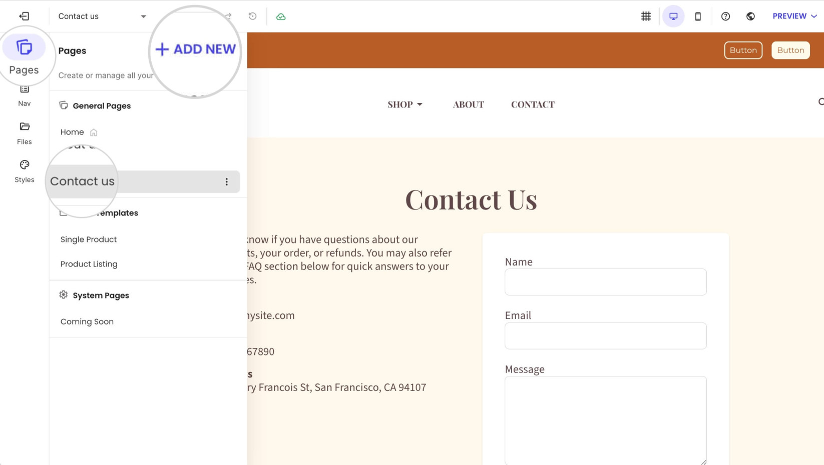 Pages tab in Website Builder with a highlighted existing page and the Add New button for a new page