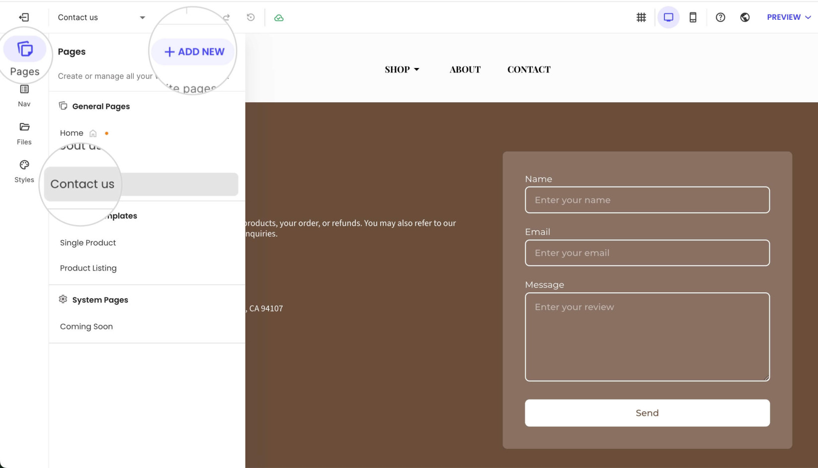 Pages tab in Website Builder displaying a highlighted Add New button for creating a new page and a selected existing page 
