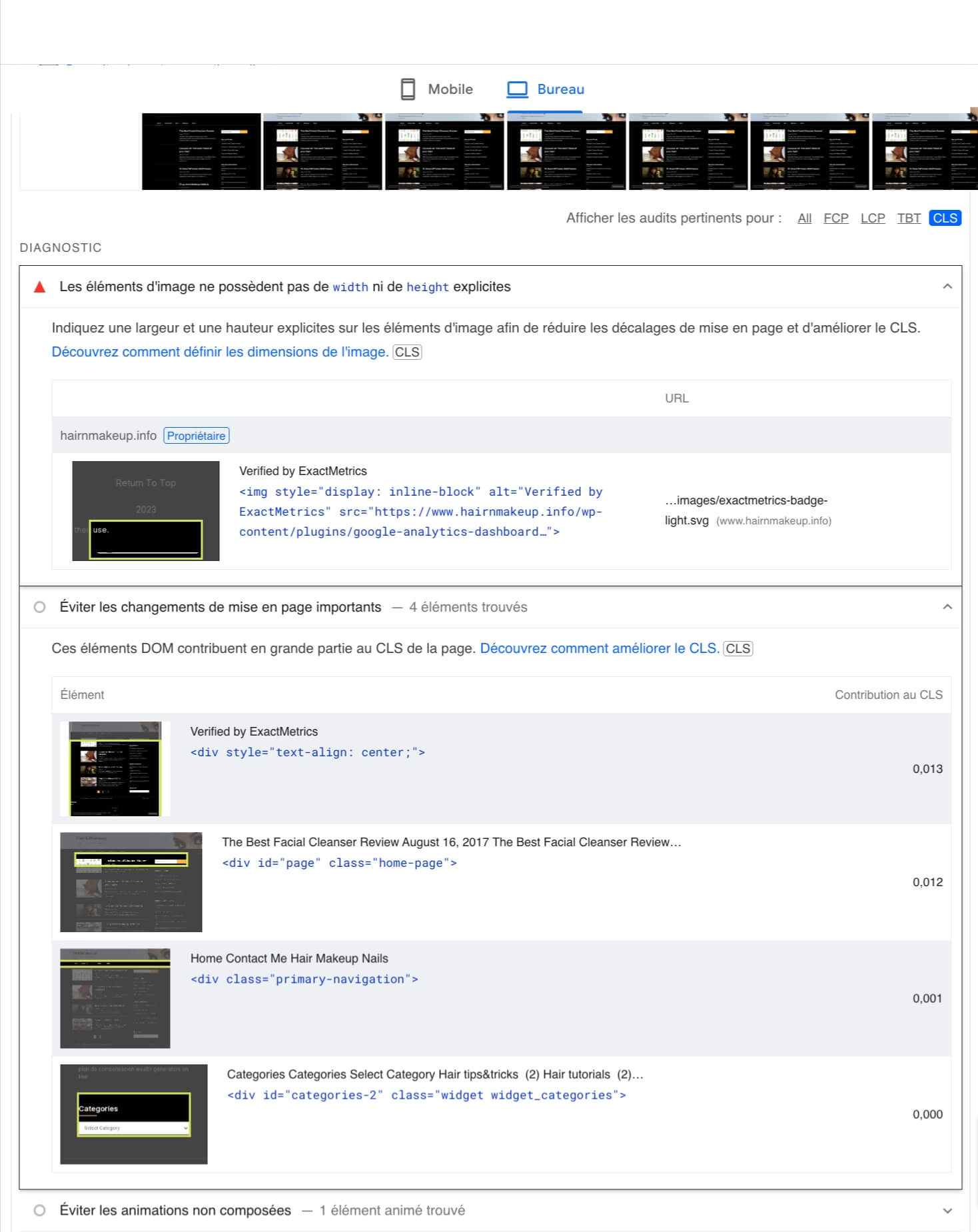 Capture d'écran montrant les suggestions d'amélioration CLS de PageSpeed Insights