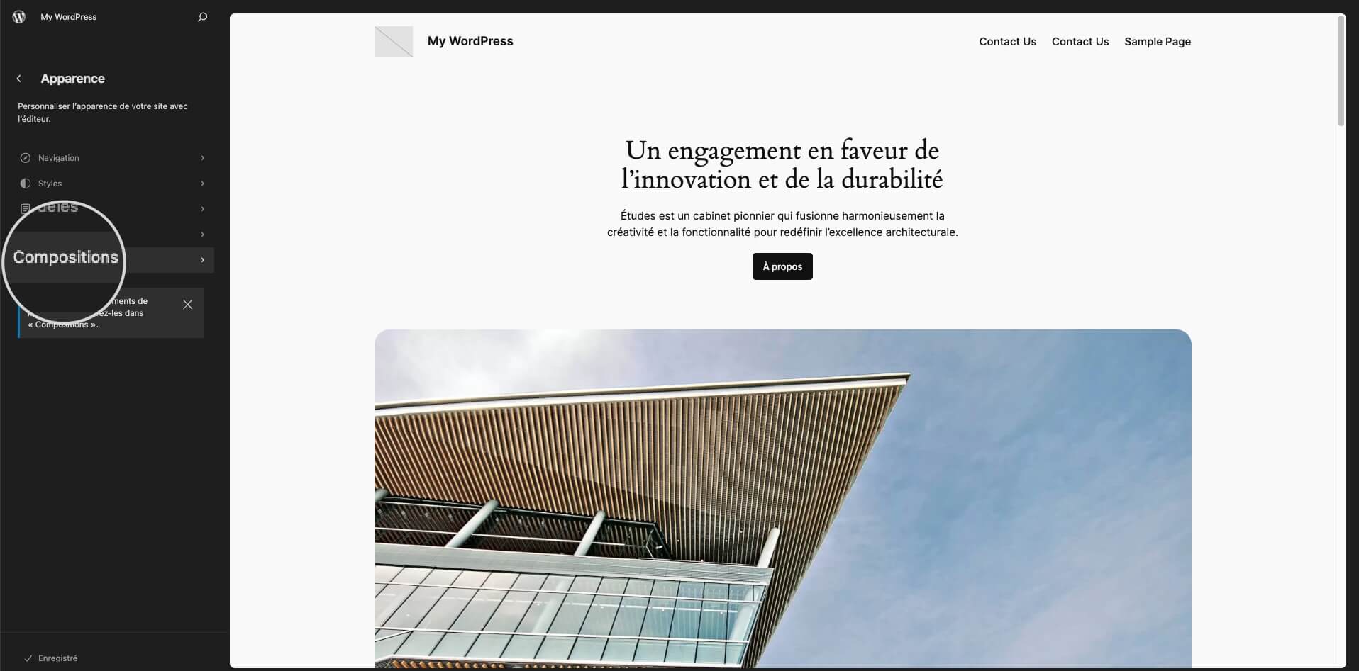 Capture d'écran montrant le panneau Compositions dans l'éditeur de site