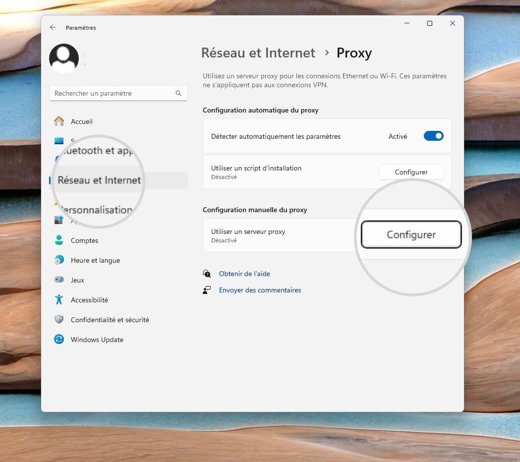 Paramètres manuels du serveur proxy sous Windows