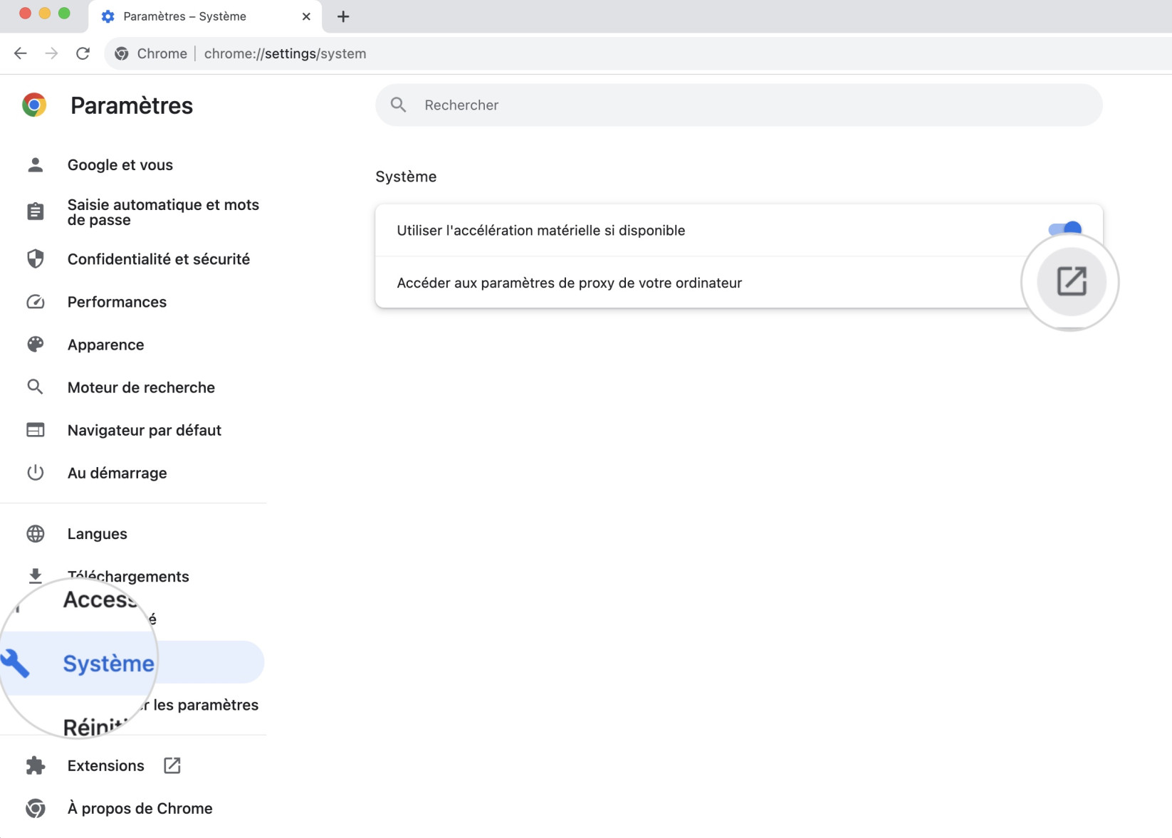 Paramètres de proxy dans Chrome