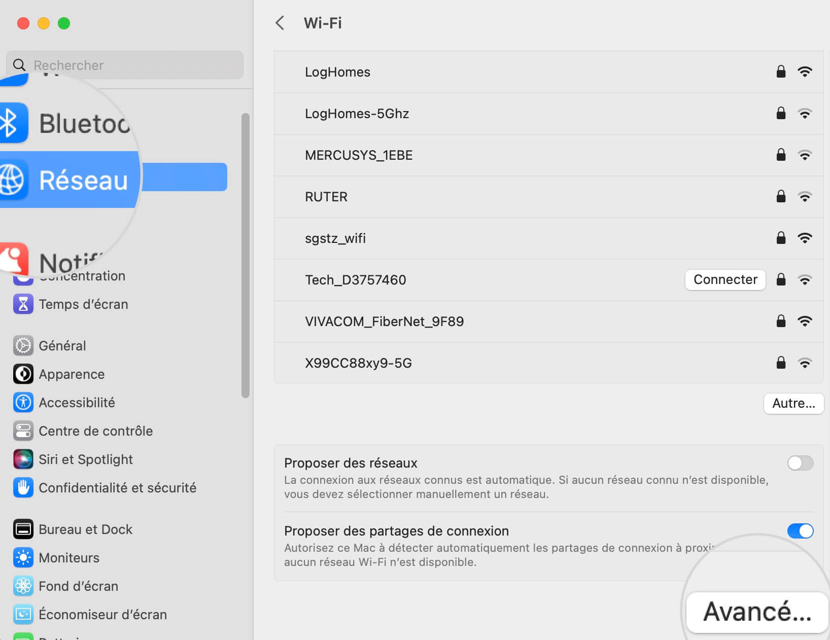 Capture d’écran de l’option Paramètres Wi-Fi avancés sous MacOS