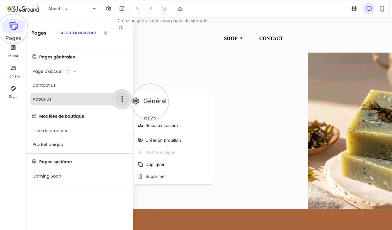 Paramètres généraux de la page dans Website Builder