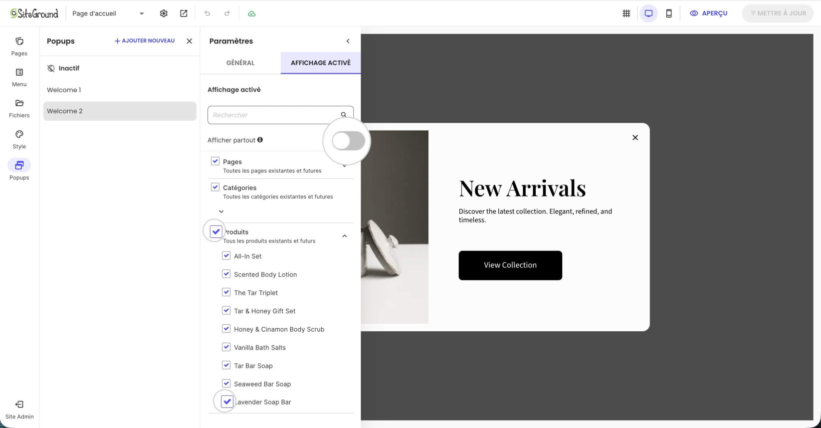 L'onglet Display On — le basculeur Show everywhere et les sélecteurs Pages/Marques/Catégories/Produits