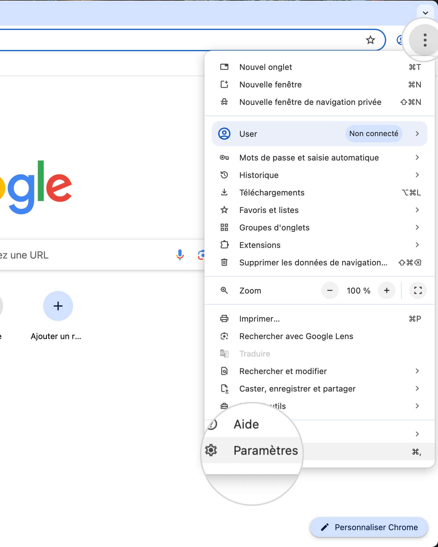 Paramètres dans Google Chrome