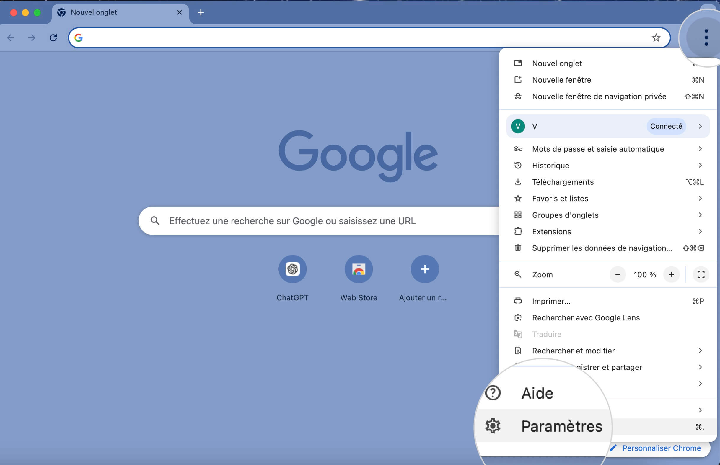 Menu des paramètres de Google Chrome pour ajuster les préférences du navigateur et les options de sécurité.