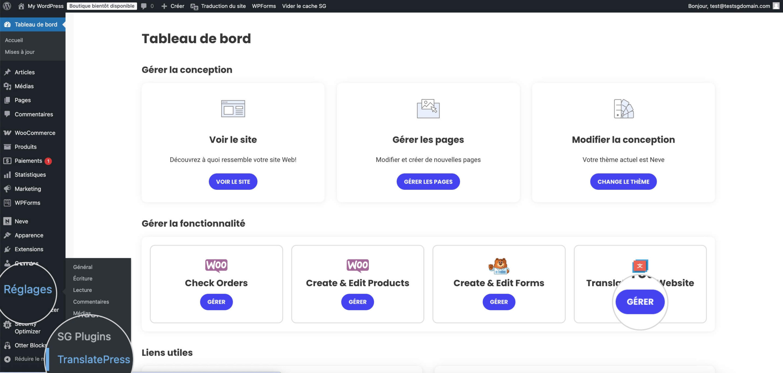 Panneau de paramètres TranslatePress dans le tableau de bord WordPress pour la gestion des langues.