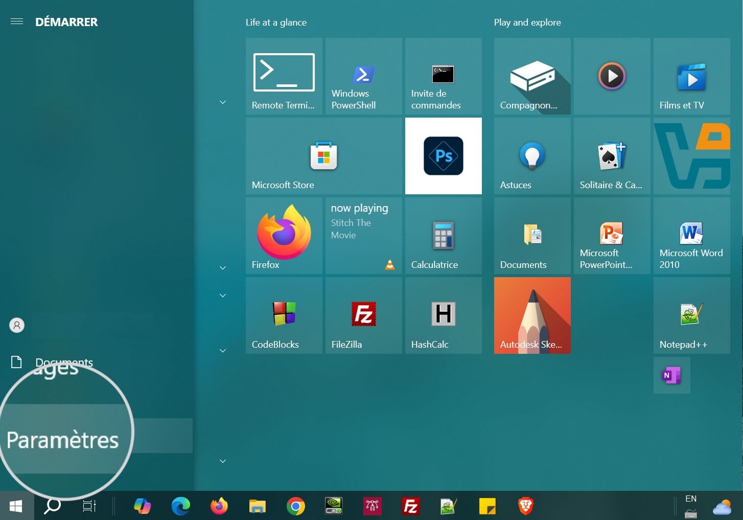 Tableau de bord des paramètres Windows avec diverses catégories de configuration système, notamment le réseau et la sécurité.