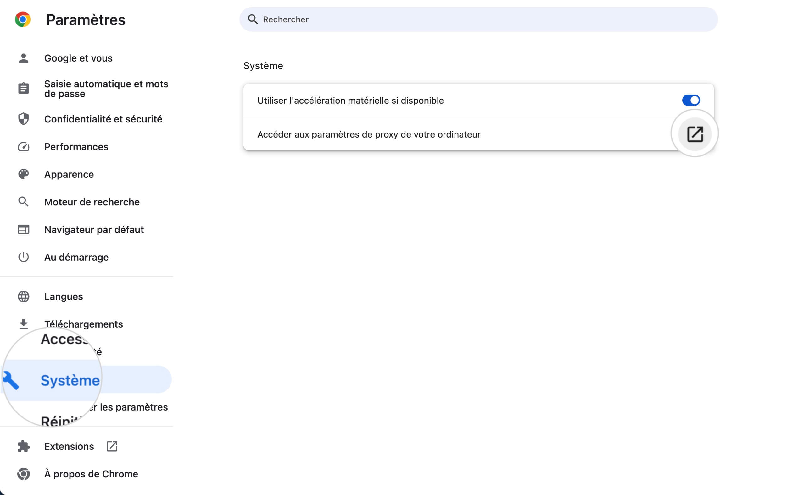 Paramètres du serveur proxy dans les options système de Google Chrome