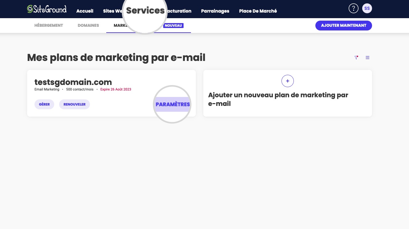 Capture d'écran montrant l'option Paramètres dans Services Email Marketing