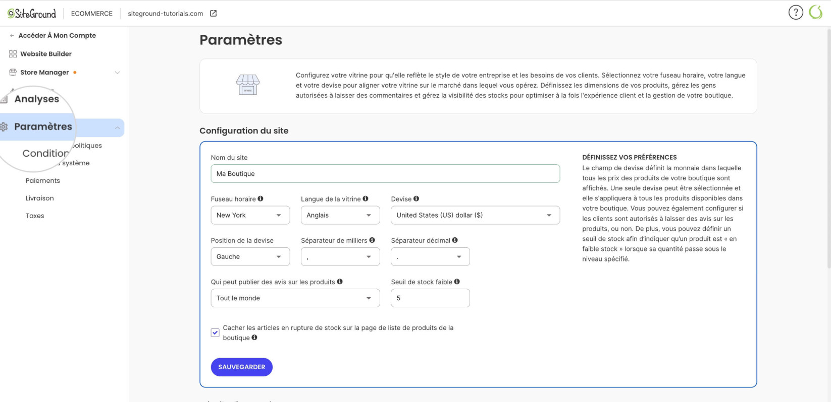 Section Paramètres dans SiteGround Ecommerce