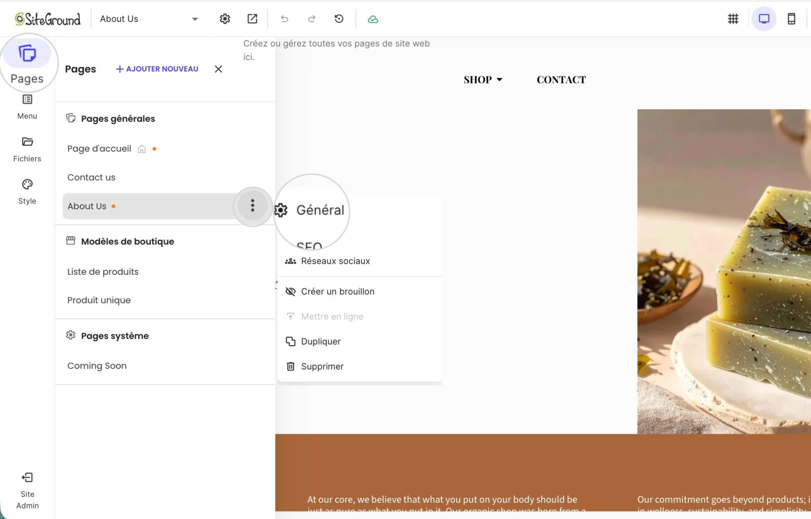 Paramètres généraux de la page dans Website Builder où vous pouvez changer le nom de la page