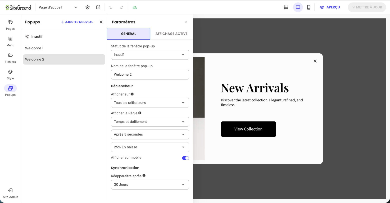 Onglet des paramètres généraux pour un popup dans le e-commerce