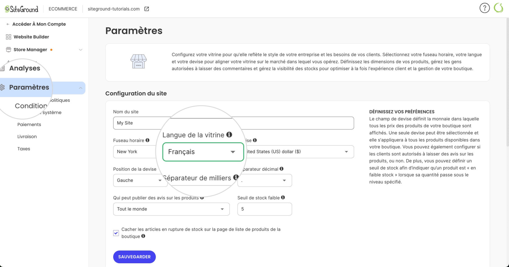 Paramètres de la langue de la vitrine dans SiteGround Ecommerce