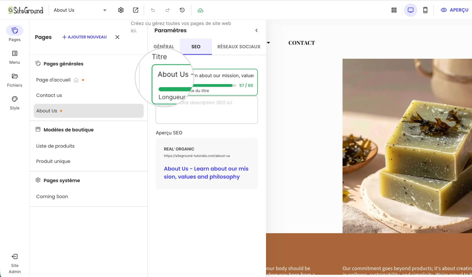 Champ Titre pour changer le titre SEO d'une page dans Website Builder