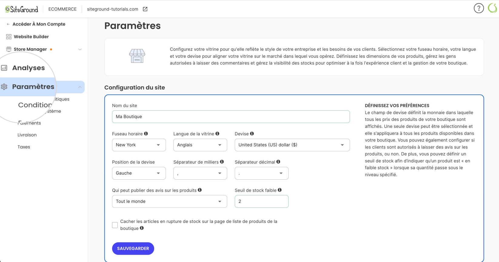 Page des Paramètres dans SiteGround Ecommerce