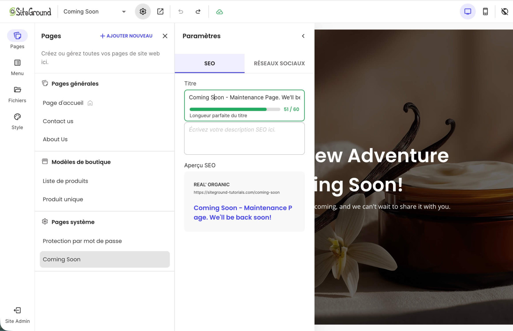 Paramètres SEO de la page Coming Soon dans Website Builder
