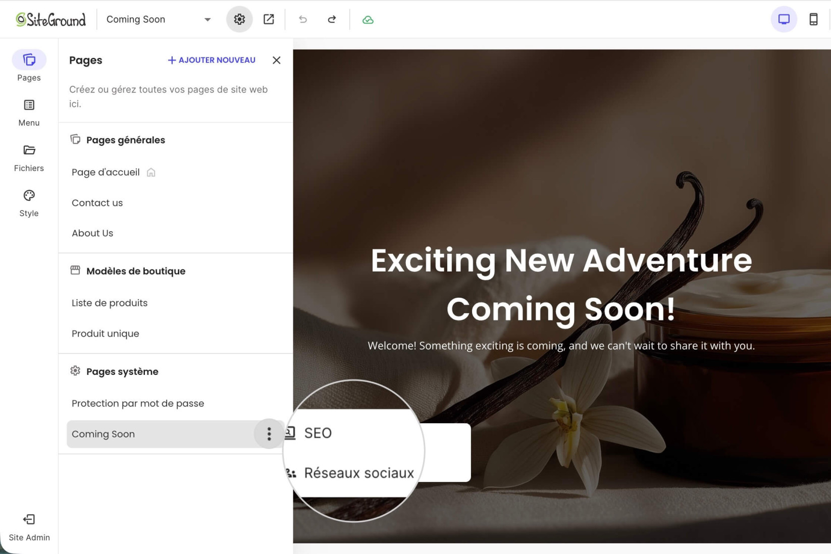 Menu des paramètres de la page Coming Soon pour modifier les paramètres SEO et réseaux sociaux