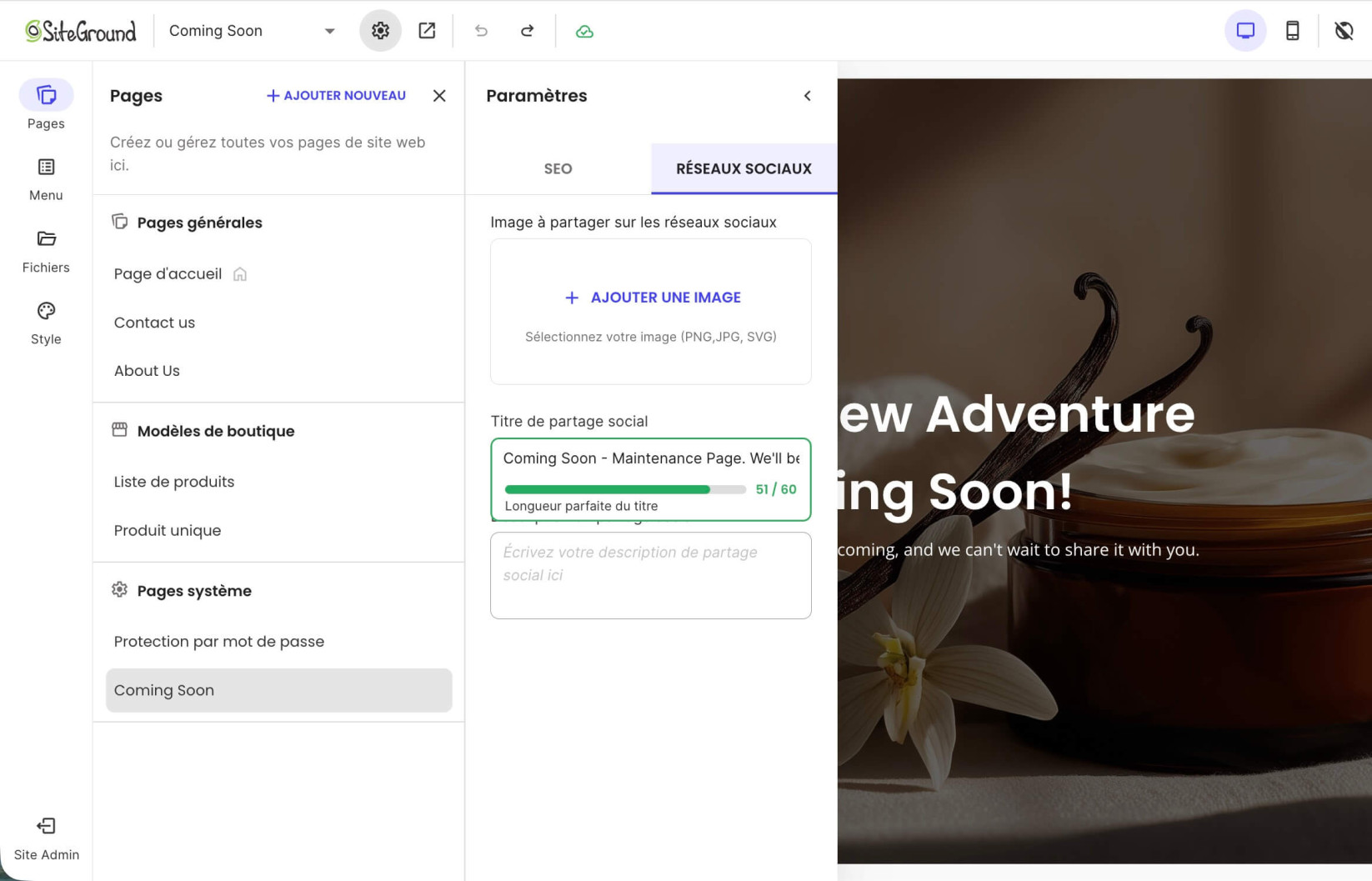 Paramètres de partage social pour la page Coming Soon dans Website Builder