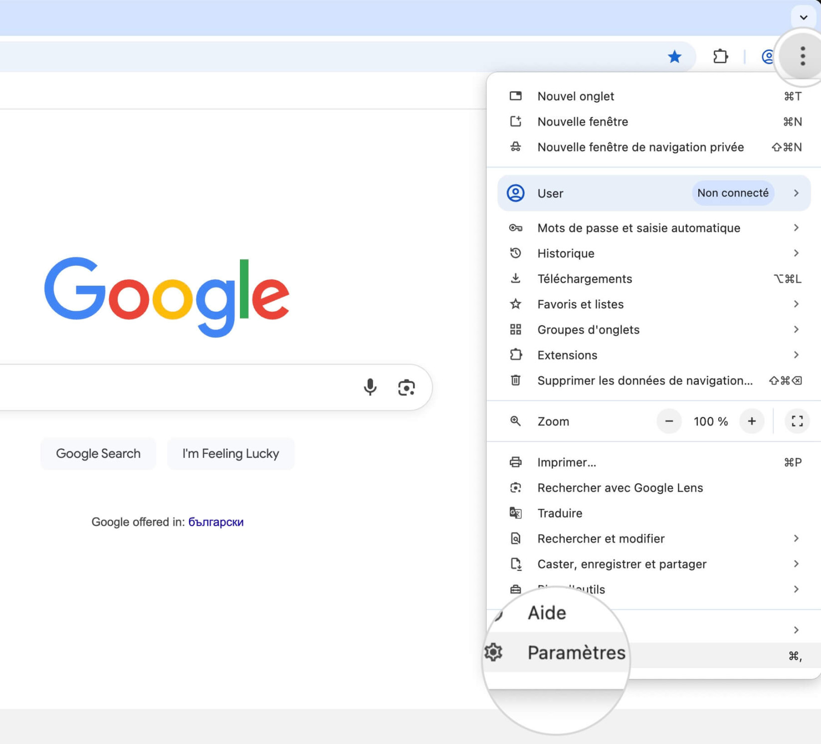 Menu à trois points de Google Chrome avec l'option « Paramètres » en surbrillance