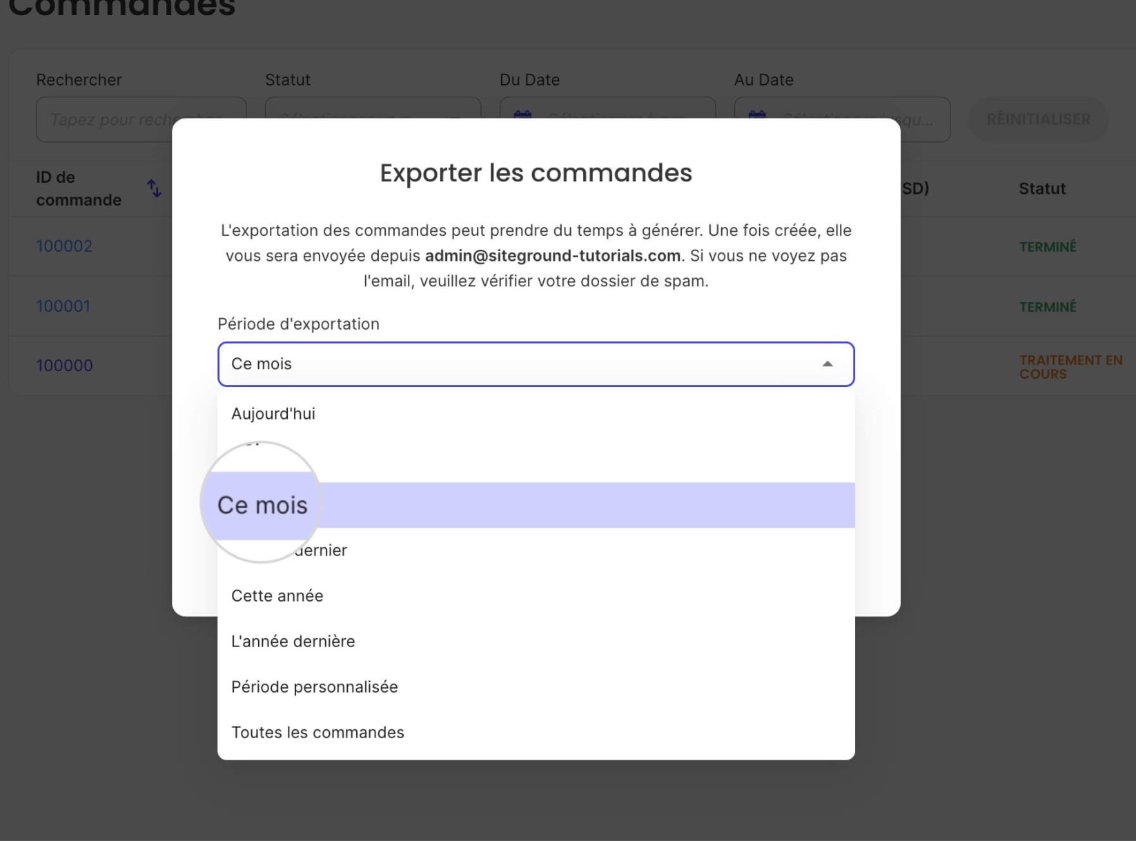 Fenêtre Exporter les commandes où vous pouvez sélectionner la période pour filtrer les commandes