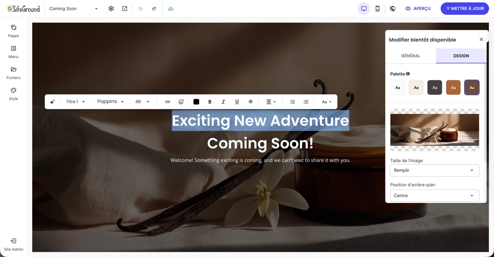 Personnalisation de la page Coming Soon en modifiant le texte et l'image d'arrière-plan