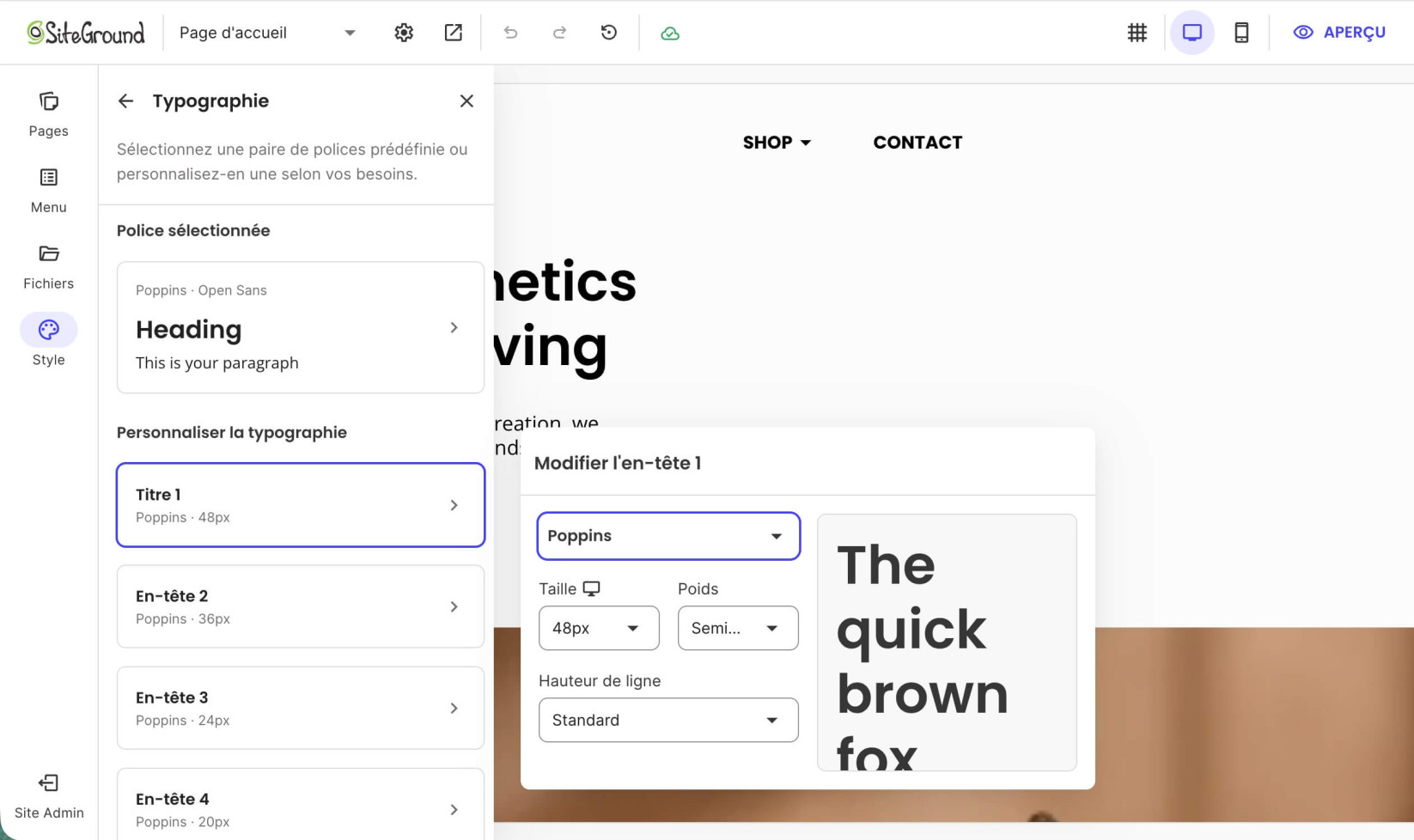 Options de personnalisation de la typographie pour les polices dans Website Builder