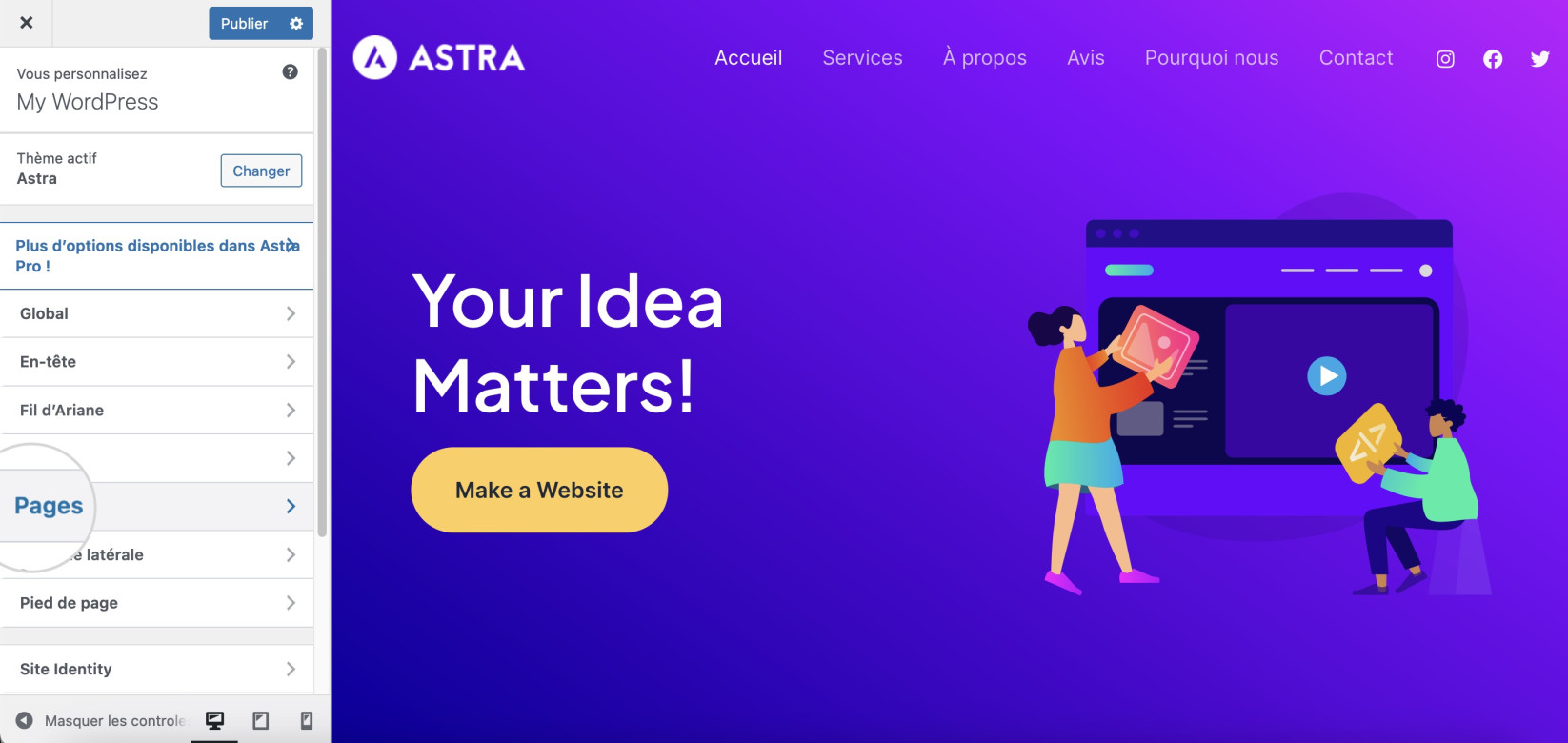 Capture d'écran de l'option Personnaliser les paramètres de la page dans le thème Astra