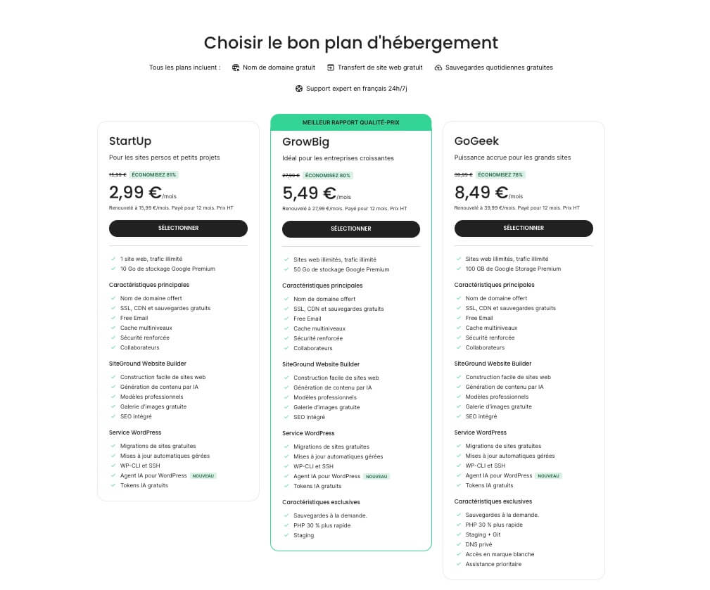 Une capture d'écran montrant les plans d'hébergement partagé de SiteGround
