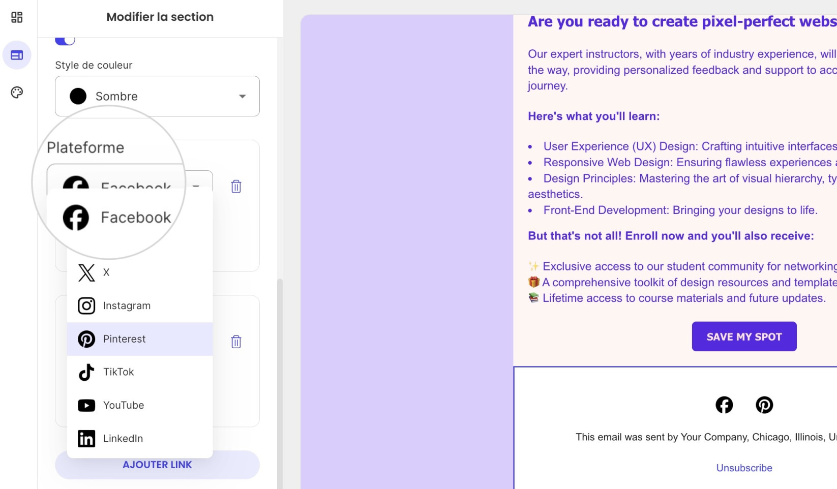 Dans le menu Plateforme, sélectionnez le type de réseau social auquel vous souhaitez vous connecter