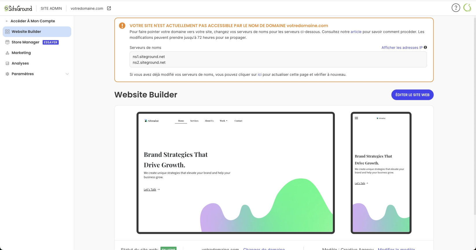 Interface de Site Admin affichant l'avertissement qu'un domaine n'est pas pointé vers le site web
