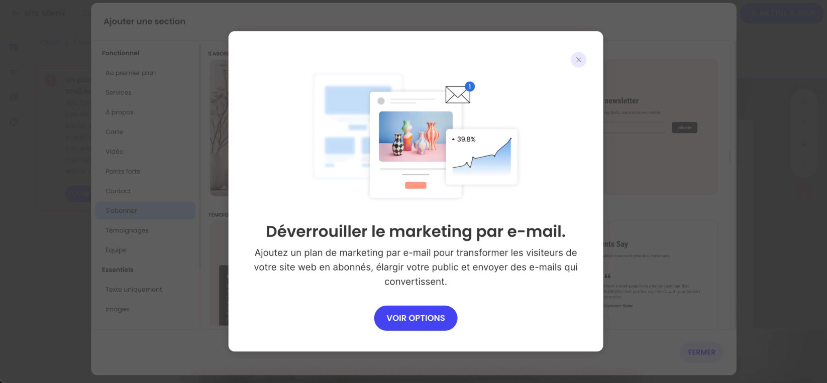 Fenêtre contextuelle dans l’éditeur SiteGround invitant à débloquer l'email marketing pour transformer les visiteurs en abonnés, avec un bouton “Voir options”.