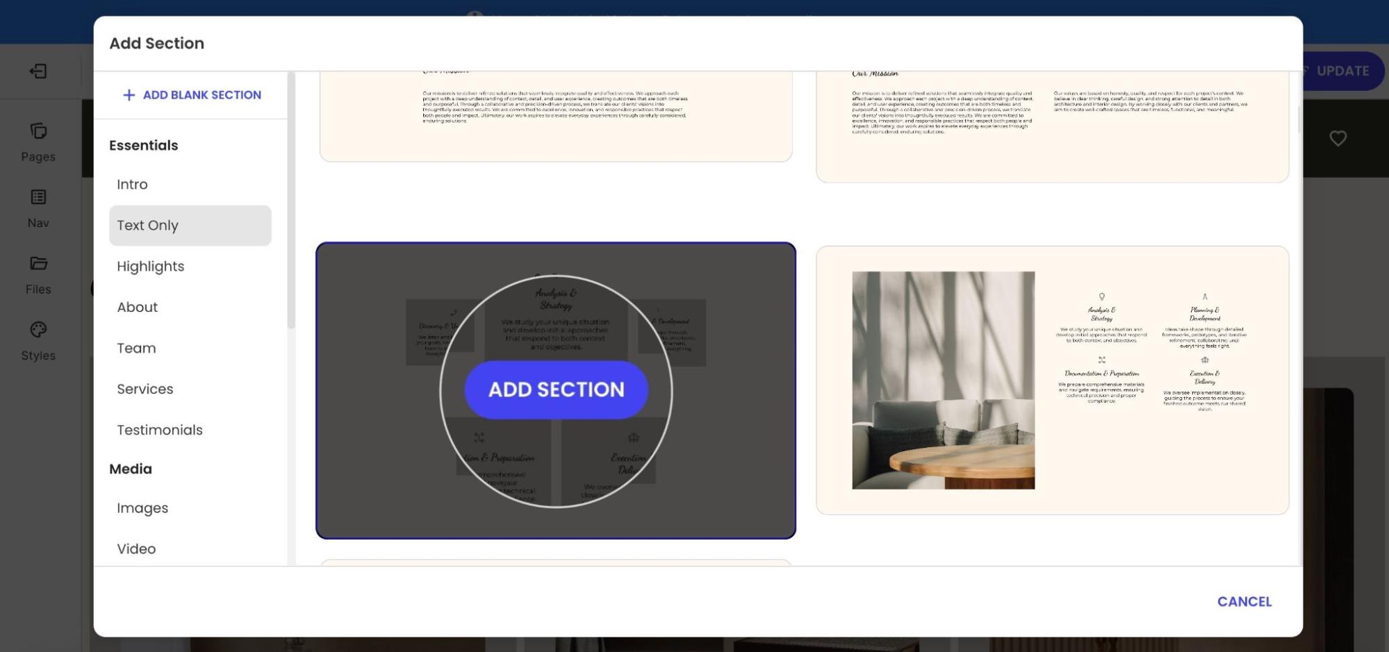 A preview of a new Text Only section layout before adding it to the page.