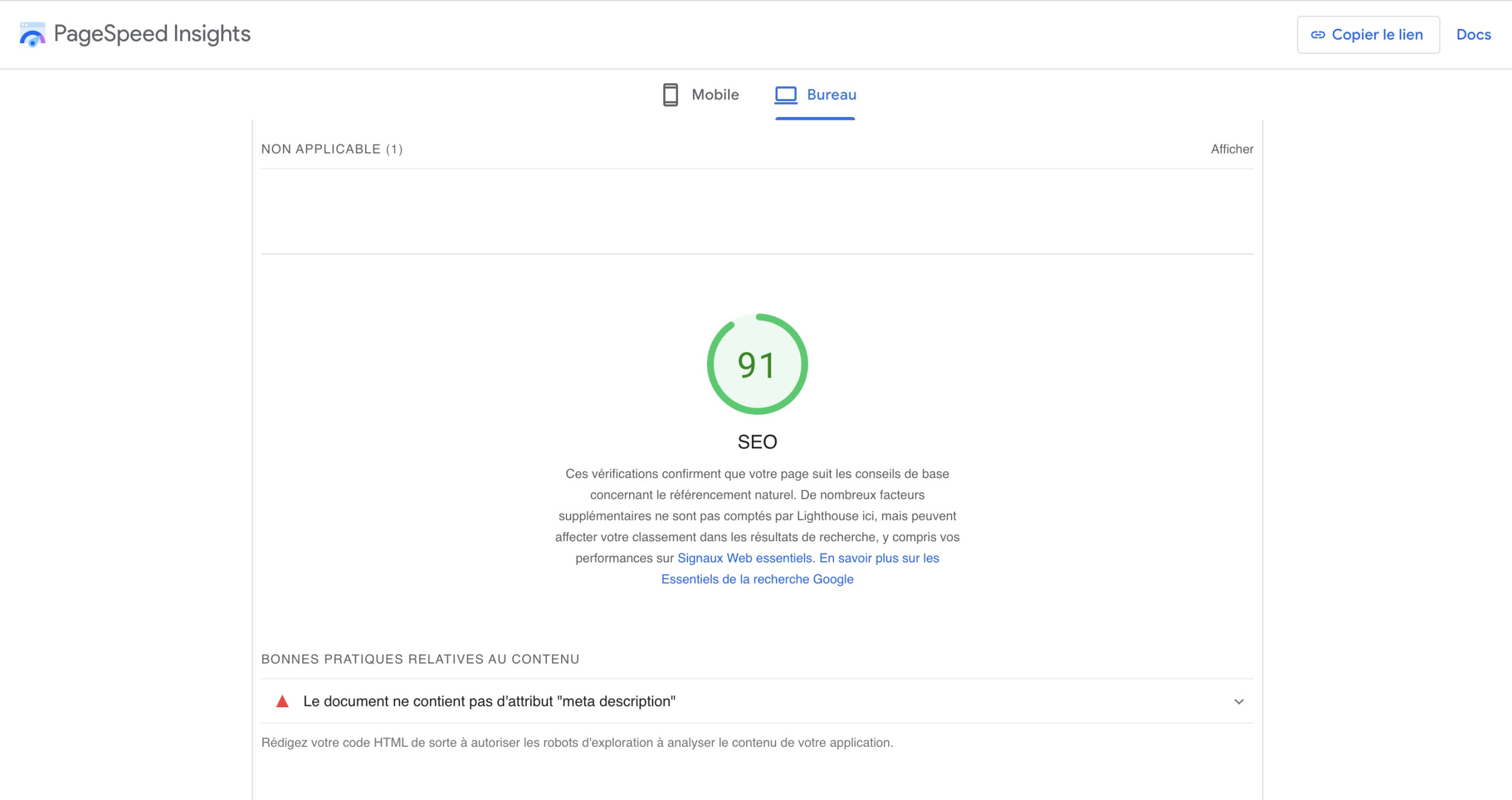 Répartition des problèmes liés au référencement dans la section Lighthouse de Google PageSpeed Insights