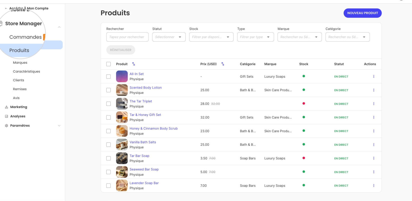 Page Produits dans SiteGround Ecommerce où vous pouvez voir les quantités de stock des produits