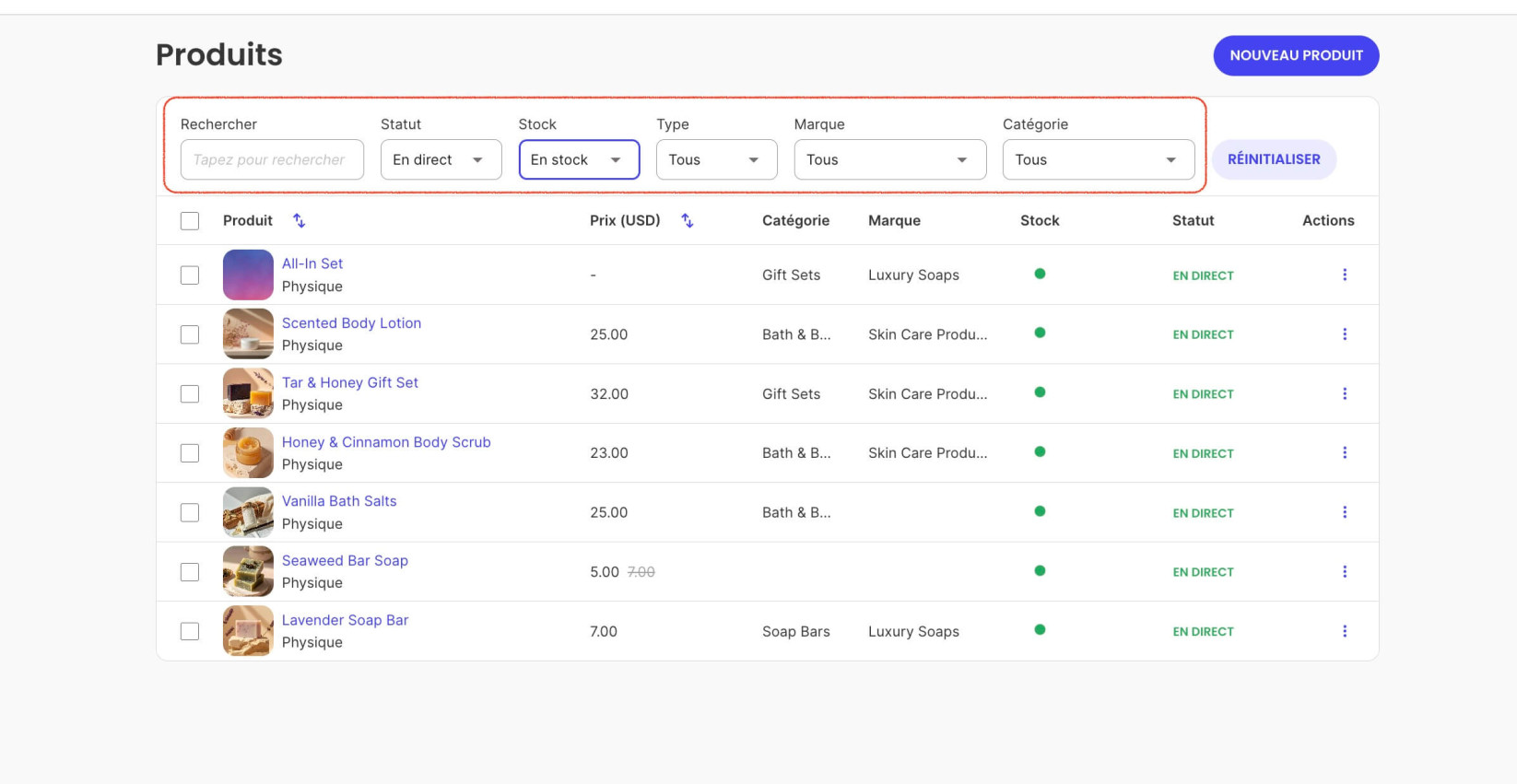 Page Produits dans SiteGround Ecommerce avec une combinaison de filtres pour un suivi avancé des quantités de stock