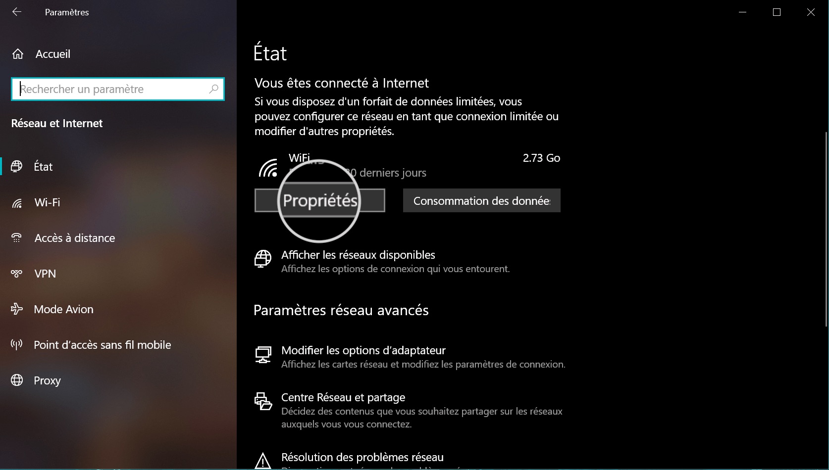Capture d'écran montrant comment accéder aux propriétés du réseau sous Windows