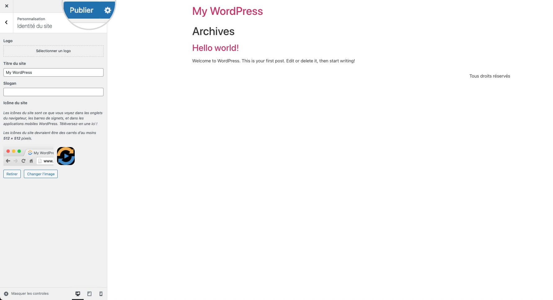 Capture d'écran affichant le bouton Publier pour enregistrer l'icône de votre site WordPress téléchargé