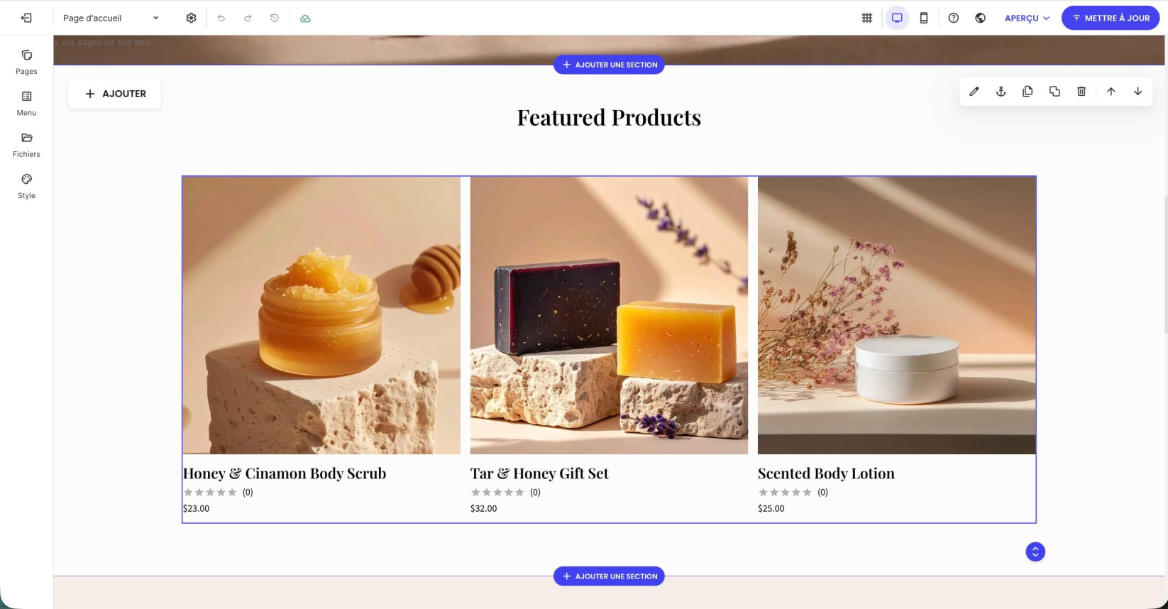 Une page dans le Website Builder avec une section mise en évidence