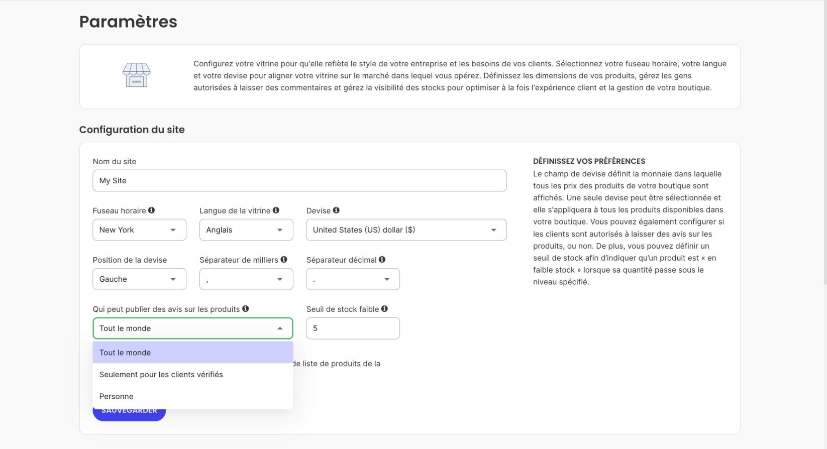 Menu déroulant avec options pour autoriser ou désactiver les avis produits