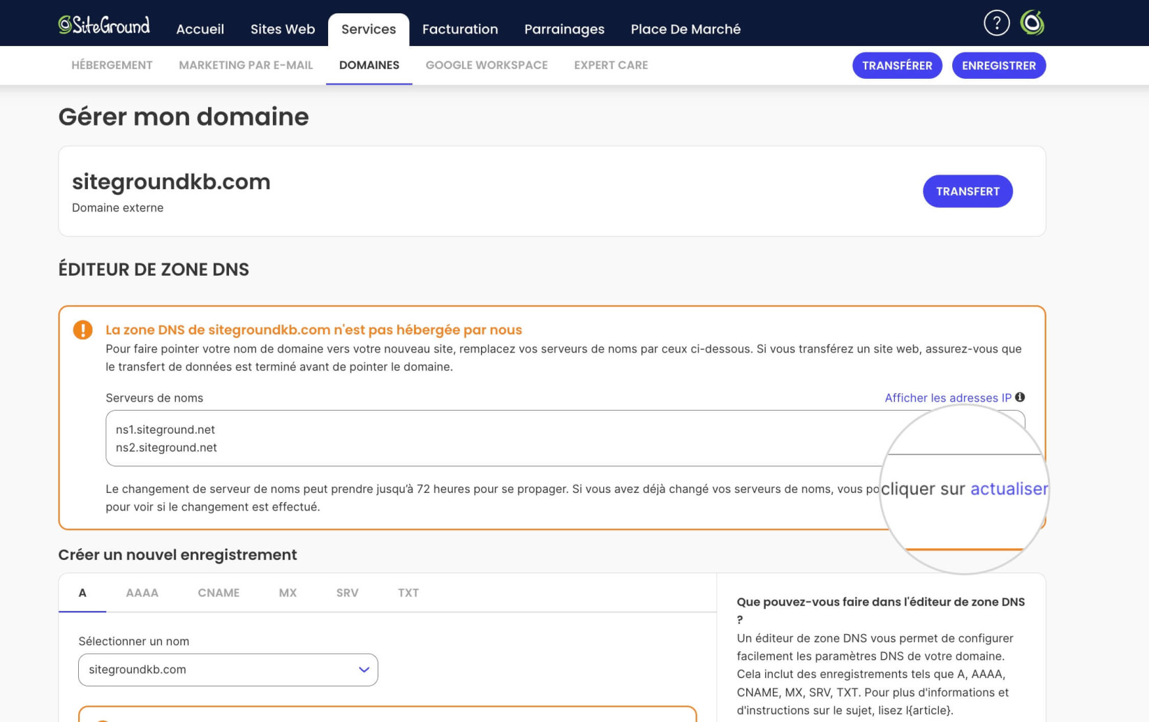 Bouton Actualiser pour l’avertissement dans l’éditeur de zone DNS avertissant qu’un domaine n’est pas pointé 
