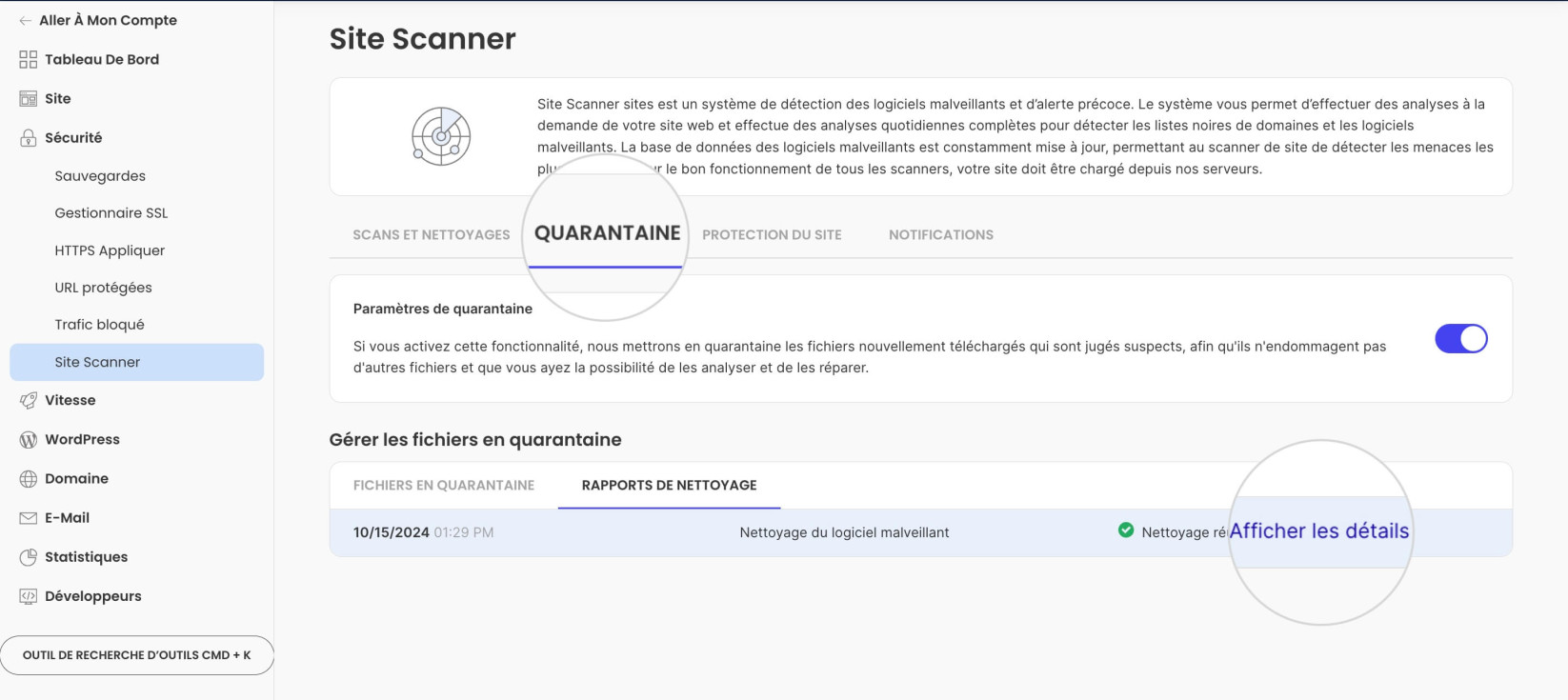 Nettoyer les rapports pour les fichiers en quarantaine dans Site Scanner 