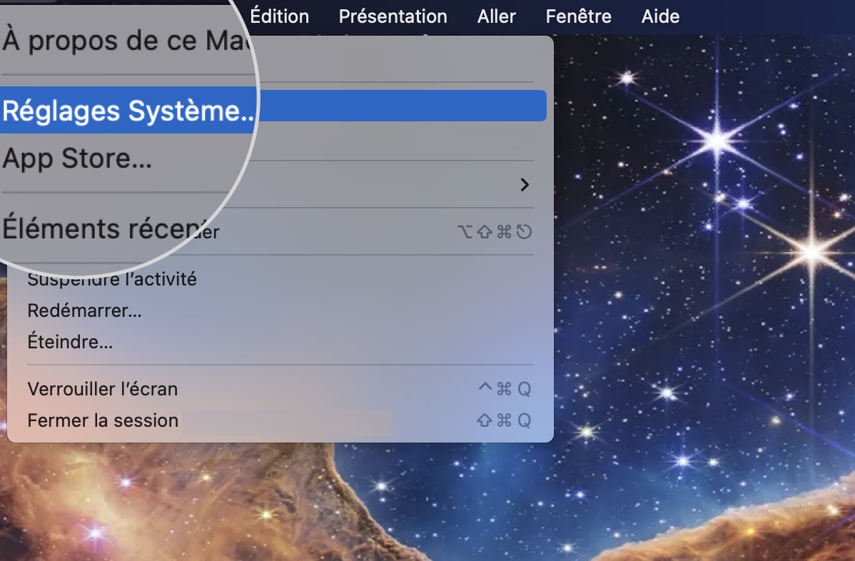 Capture d'écran des réglages système sous Mac OS
