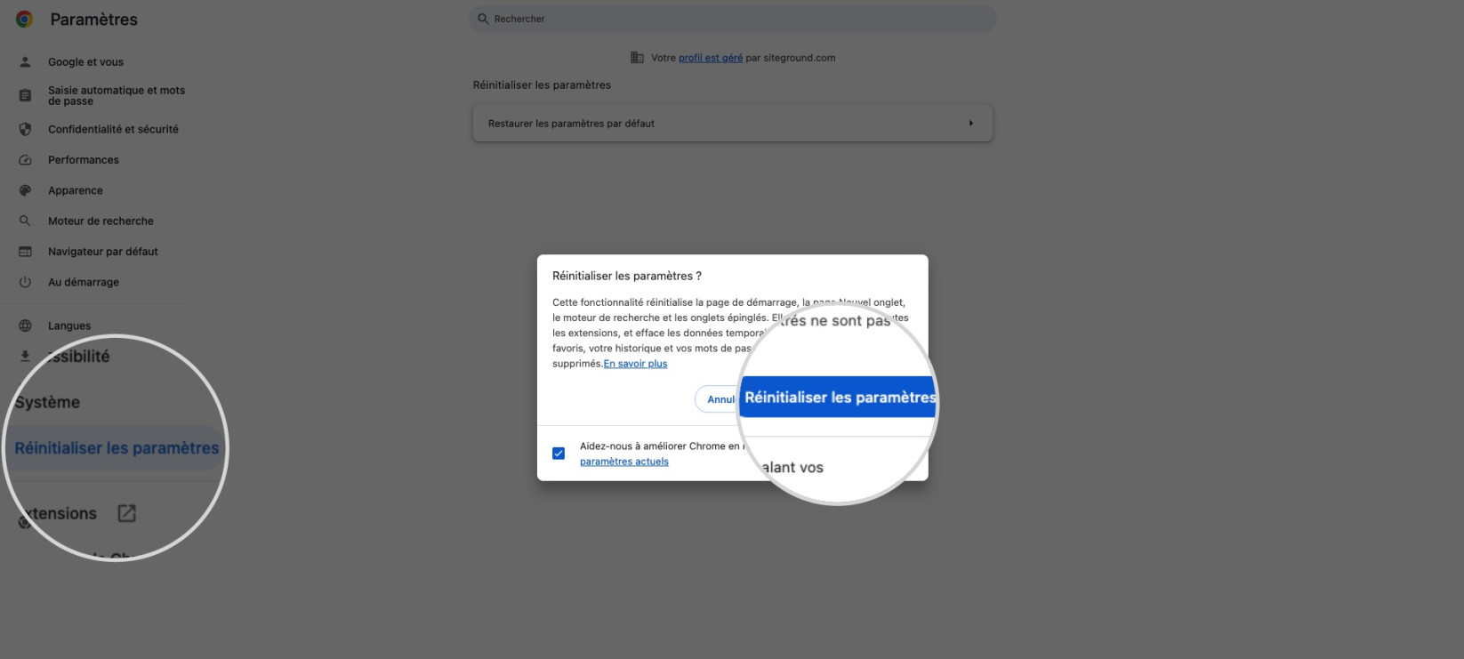 Capture d'écran montrant comment réinitialiser les paramètres de Chrome à leurs valeurs par défaut pour corriger l'erreur err_cache_miss