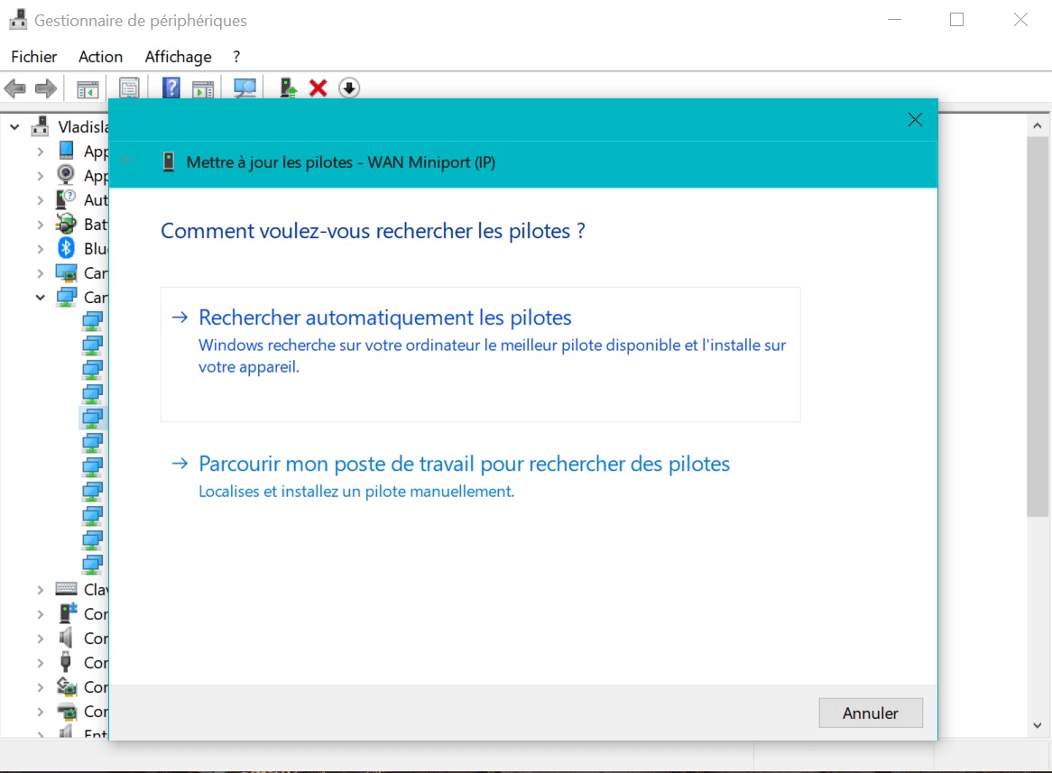 Utiliser Windows pour rechercher automatiquement les dernières mises à jour de pilotes.