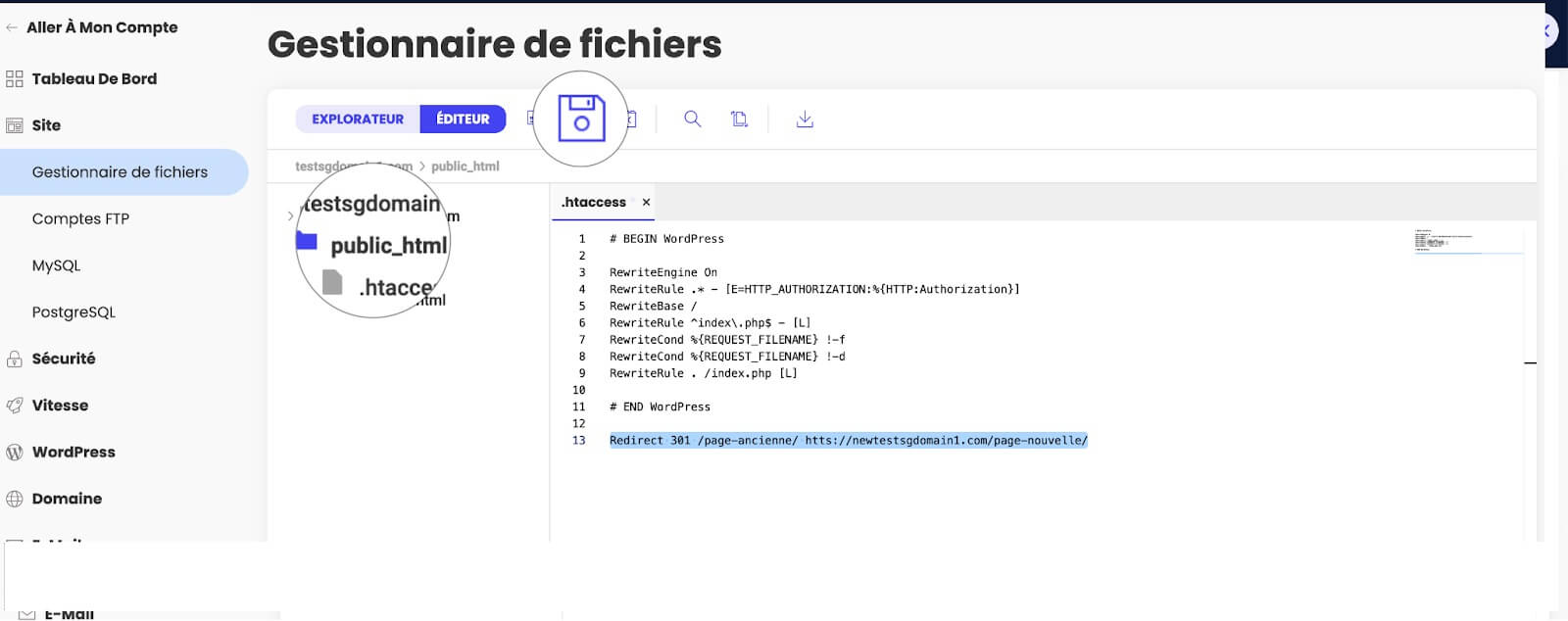 Guide visuel dans une capture d'écran détaillant le processus d'implémentation d'une redirection 301 dans un fichier .htaccess.