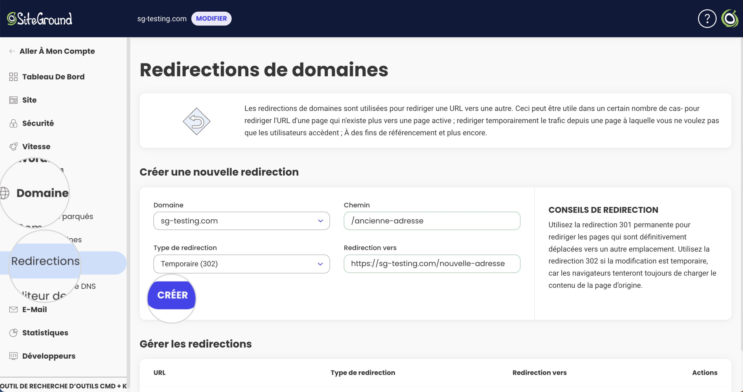 Comment définir un 302 redirection temporaire dans Site Tools de SiteGround