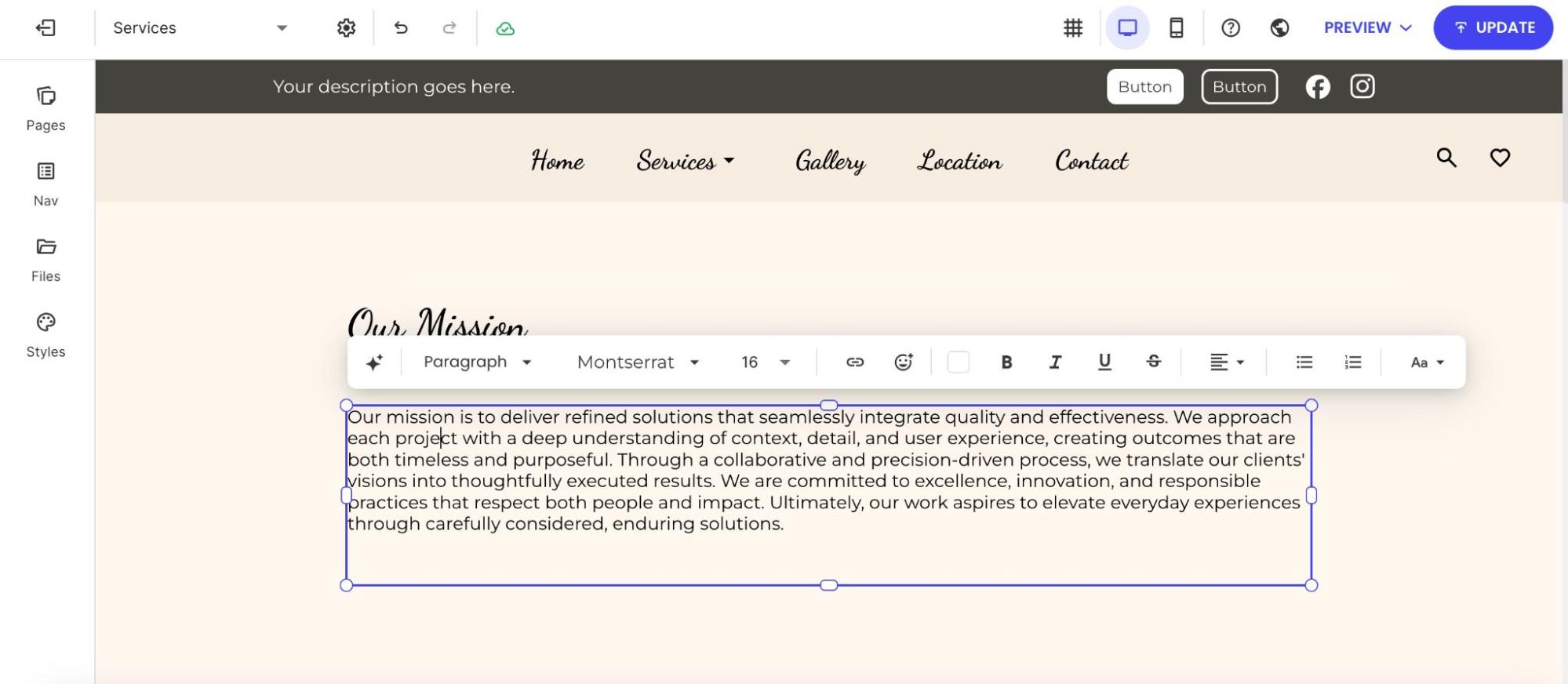 Customizing the mission statement text to emphasize refined solutions and quality integration.