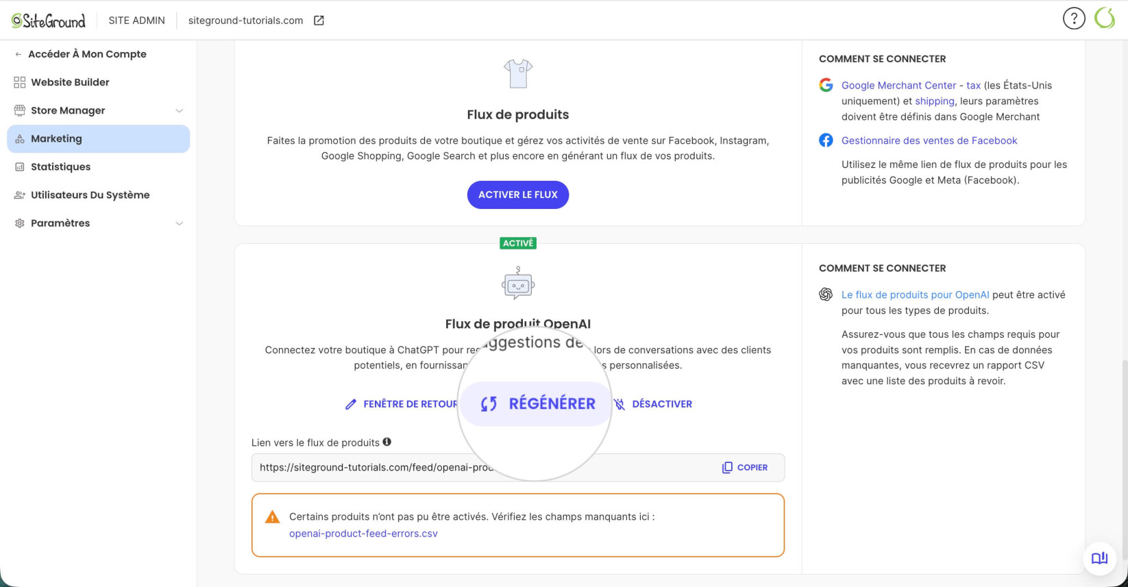 Panneau Flux de produit OpenAI dans la section Marketing dans Site Admin avec un bouton Régénérer mis en évidence pour régénérer le fichier Flux de produit OpenAI